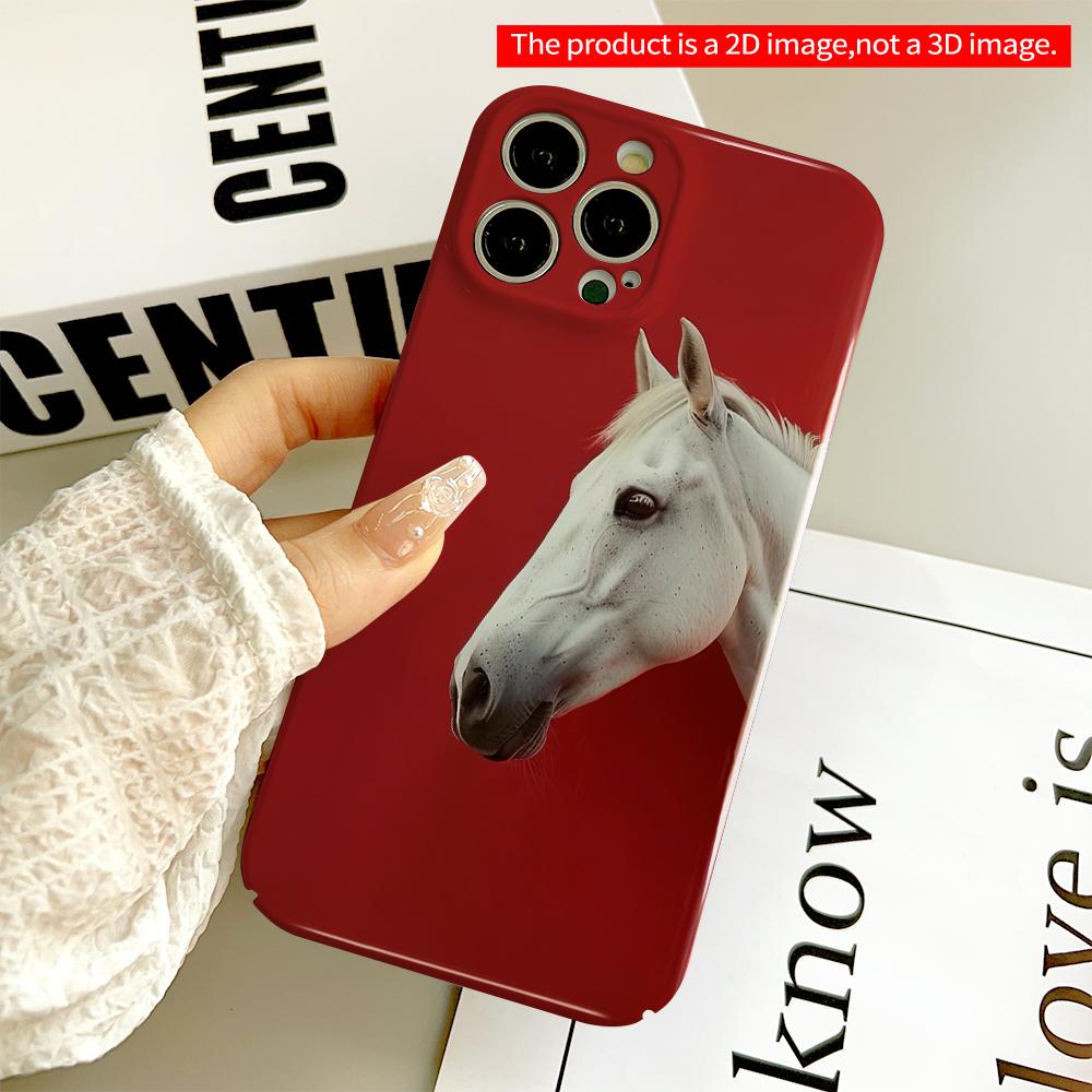 2DFlat White Horse Against Vibrant Red Background All inclusive film hard phone case, compatible with iPhone 18 Pro Max 17 16 15 14 13 12 11