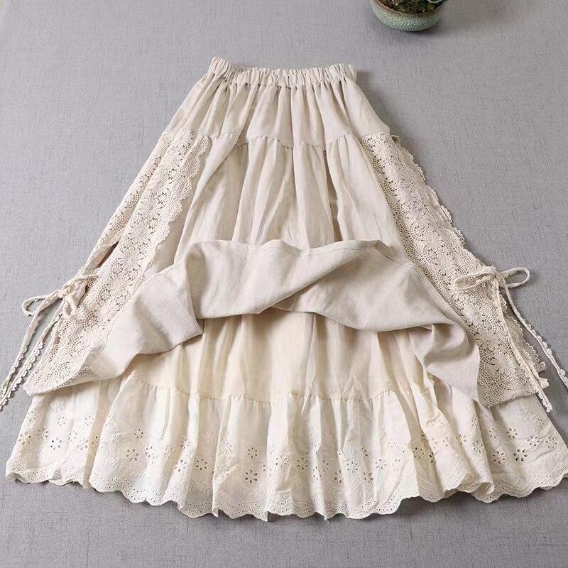 Johnature Vintage Mori Cotton Linen Patchwork Lace Skirts Spring All Match Elastic Waist Japanese A-Linen Women Skirts
