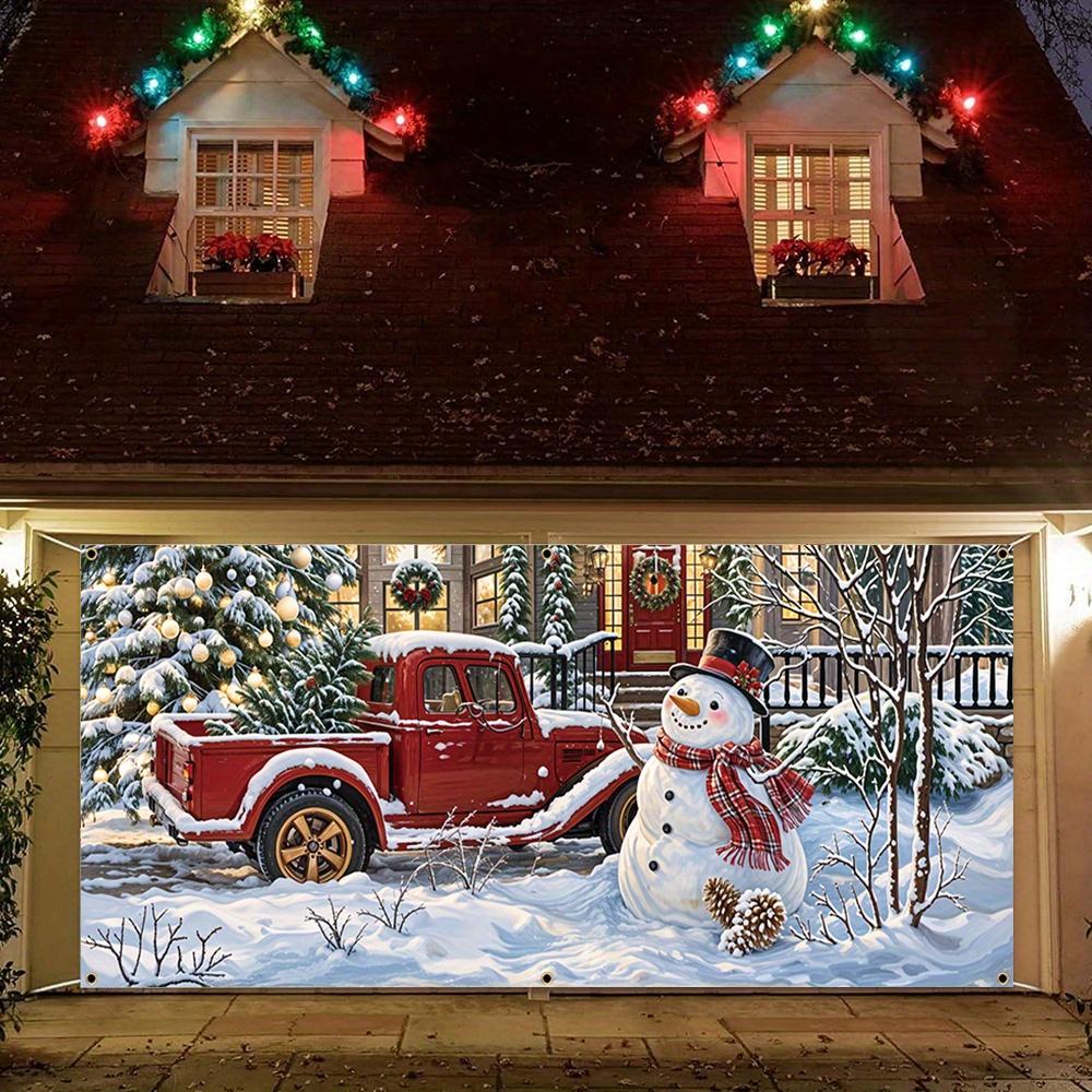 2D door banner 1pc Winterland polyester garage door banner - Snowman, Vintage truck and Christmas Tree design - Christmas