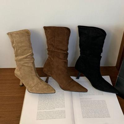 Ботильоны с острым носком женские 2025 осень и зима новые на высоком тонком каблуке ретро плиссированные короткие ботинки бархатные тонкие ботинки