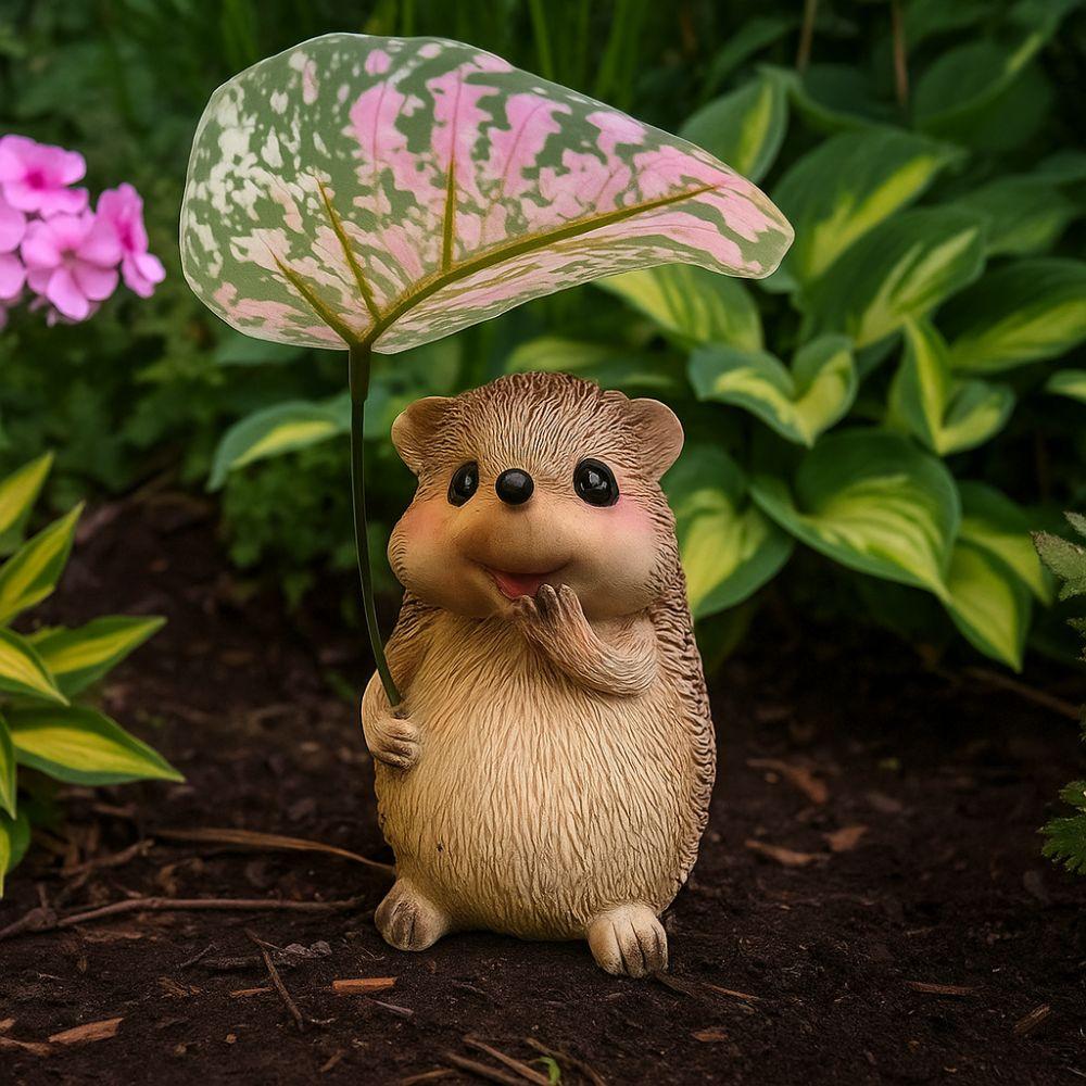 Cute Leaf Umbrella Hedgehog Figurine Weatherproof Handmade Garden Hedgehog Statue Resin Small Hedgehog Sculpture