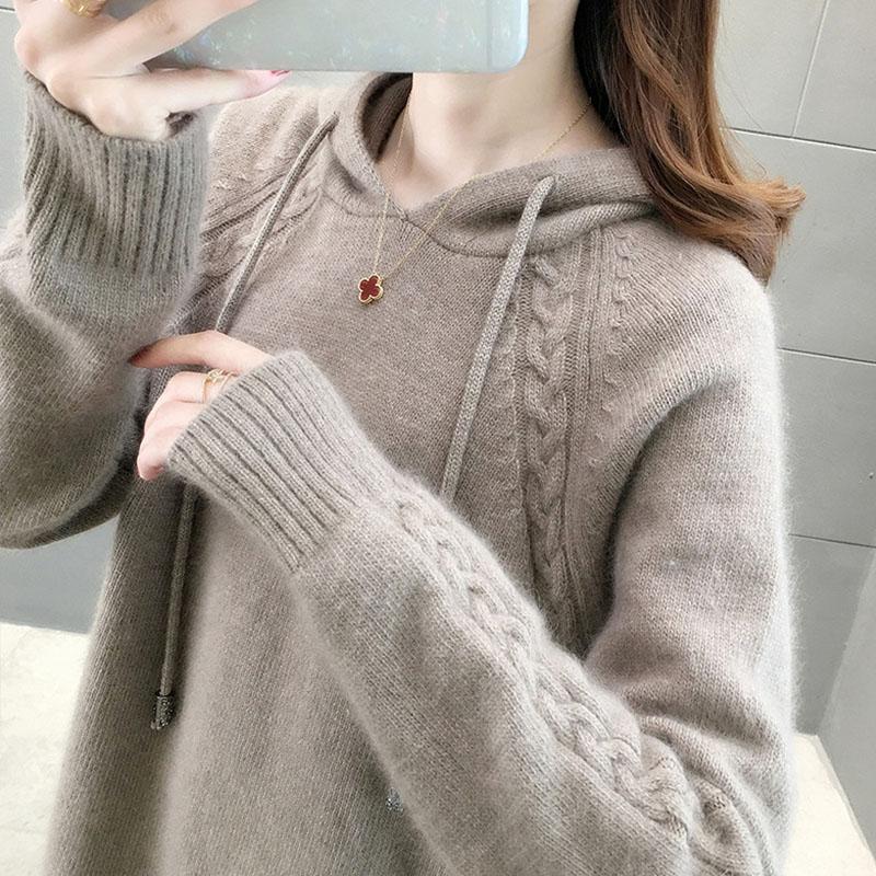 Осенне-зимний женский свитер, свободный пуловер с ленивым ветром, вязаный свитер с капюшоном и длинными рукавами