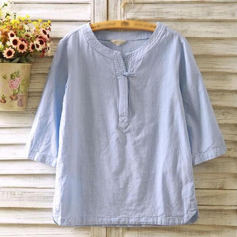 Elegant Women Vintage Cotton Linen Blouse With Flax Loose 3/4 Sleeve Tunic