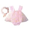 Infant Daisy Print Mesh Romper Dress with Matching Hairband, 2 Pieces Set Baby Girls Photography Dress & Headdress