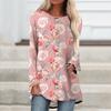 Plus Size Women Spring Flower Printed Comfy Long Sleeve Round Collar T-shirt Casual Baggy Mid Length Tee Tops