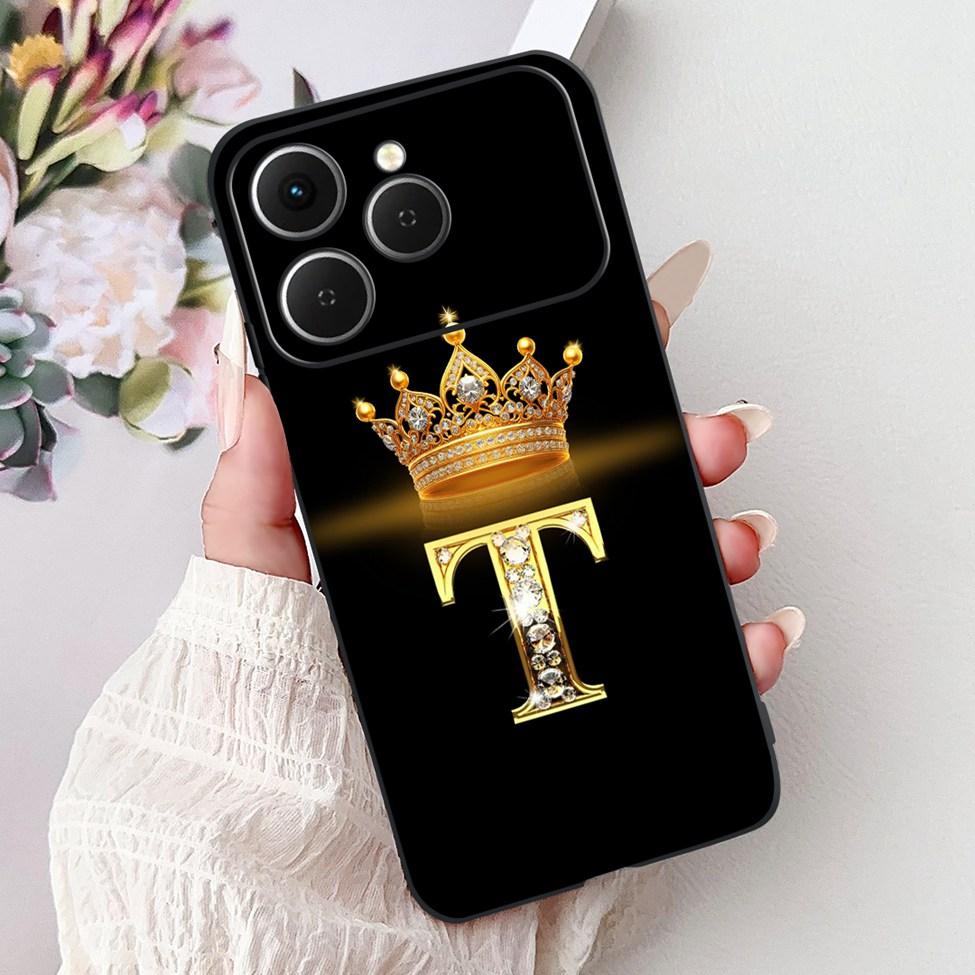 Чехол для Tecno Spark 40 Черный Силикон Роскошные Буквы А-Я Модные Цветы Корона Ударопрочный Чехол для Телефона Tecno Spark 40