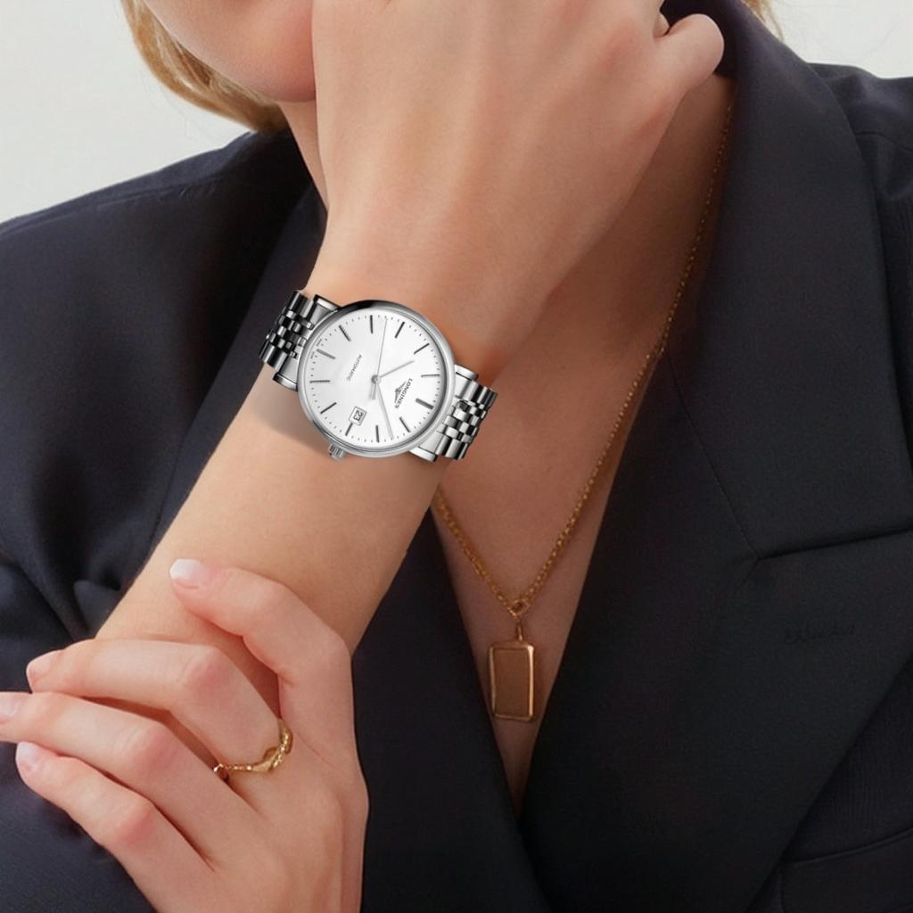 Longines Женские часы Boya series с автоматическим механическим механизмом, водозащитой 30 метров, швейцарские, 39 мм, белый циферблат, ремешок из нержавеющей стали L4.910.4.19.6