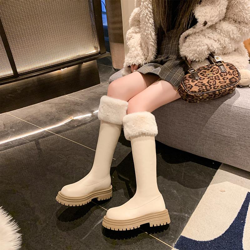 Fur Flats Platform Women High Boots Fad Mid Heels Shoes Plush Warm Knee High Snow Boots Winter 2025 Trend Goth Pumps Botas Mujer