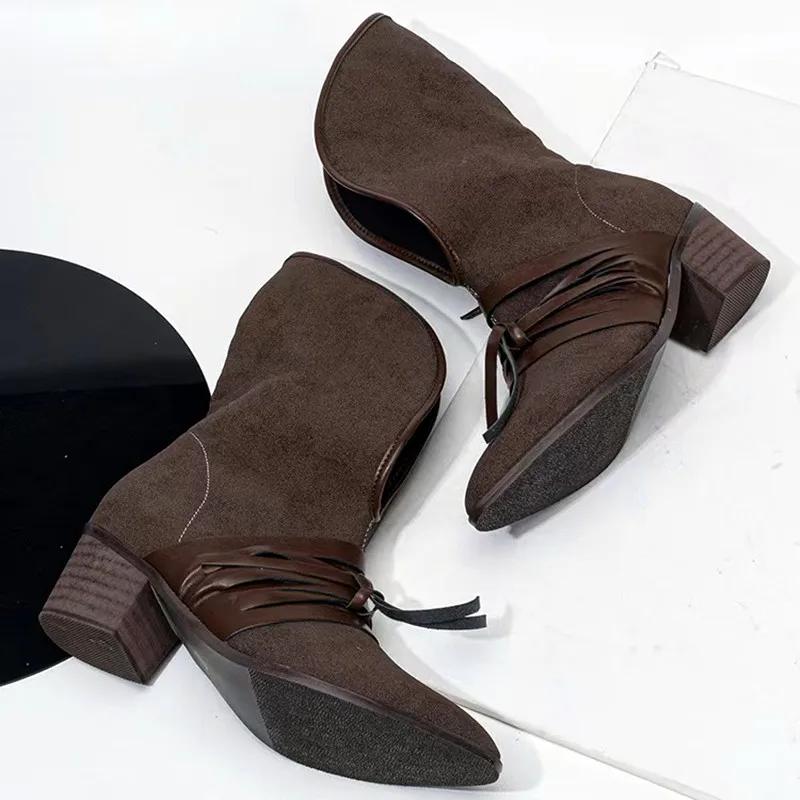 Retro Faux Suede Western Boots Women 2025 Autumn Winter Wedge Chunky Heel Ankle Boots Fashion V Style Strappy Design Botas Mujer