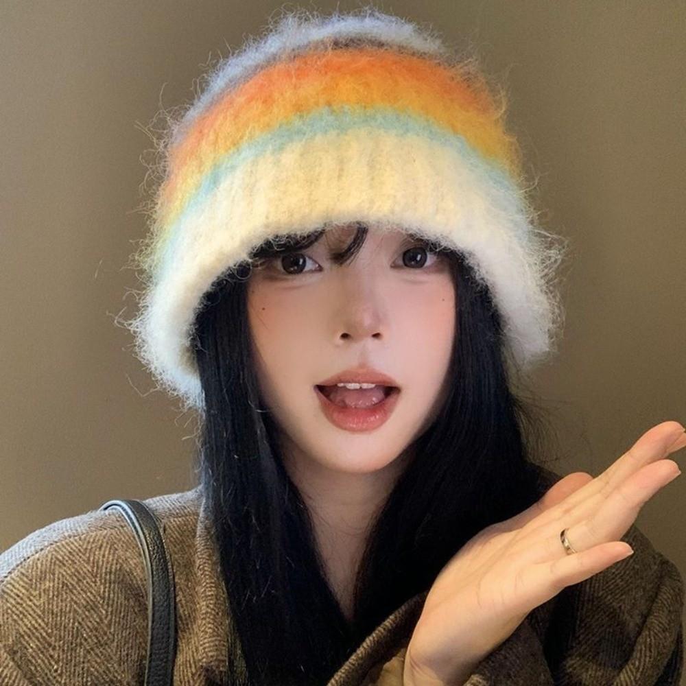 Colorful Striped Knitted Hat Ear Protection Woolen Bucket Cap New Knitted Bonnet Hat Unisex