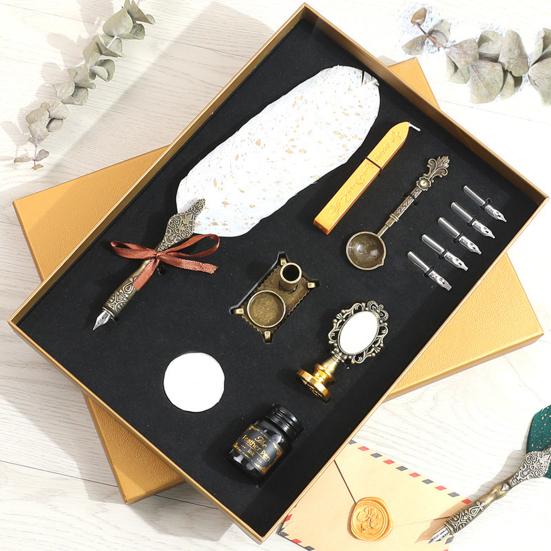 1 Set Quill Pen Set Nice-looking Meaningful Stainless Steel Smooth Writing Feather Pen Ink Kit Stationery Supplies