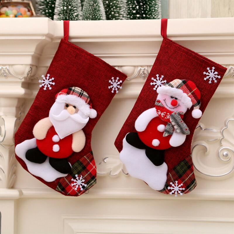 Lovely Xmas Printed Stocking Decorations, Santa Claus Ornament, Linen Tree Hanging Socks, Christmas Gift Candy Bags
