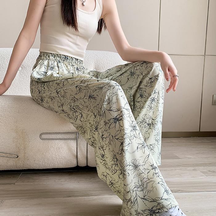Ice Silk Wide-legged Pant Women's Summer High-waisted Drape Loose Lazy Ink Zen Straight Casual Sun Trousers