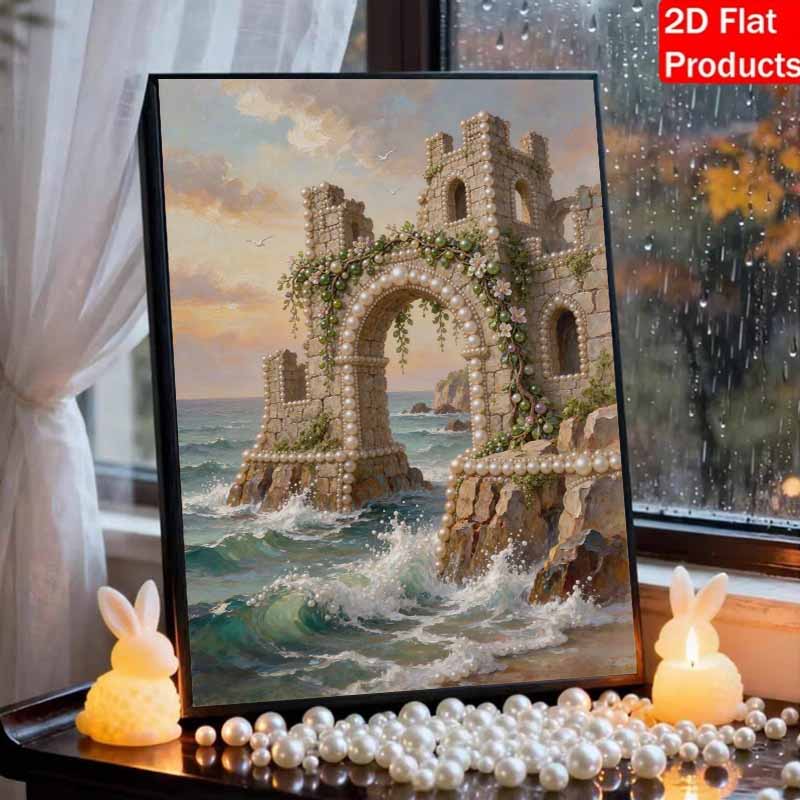 Набор для DIY-живописи жемчугом в рамке Жемчужный замок Морская арка Океанские волны 3D Сверкающее искусство из бусин Холст Домашний декор Подарок