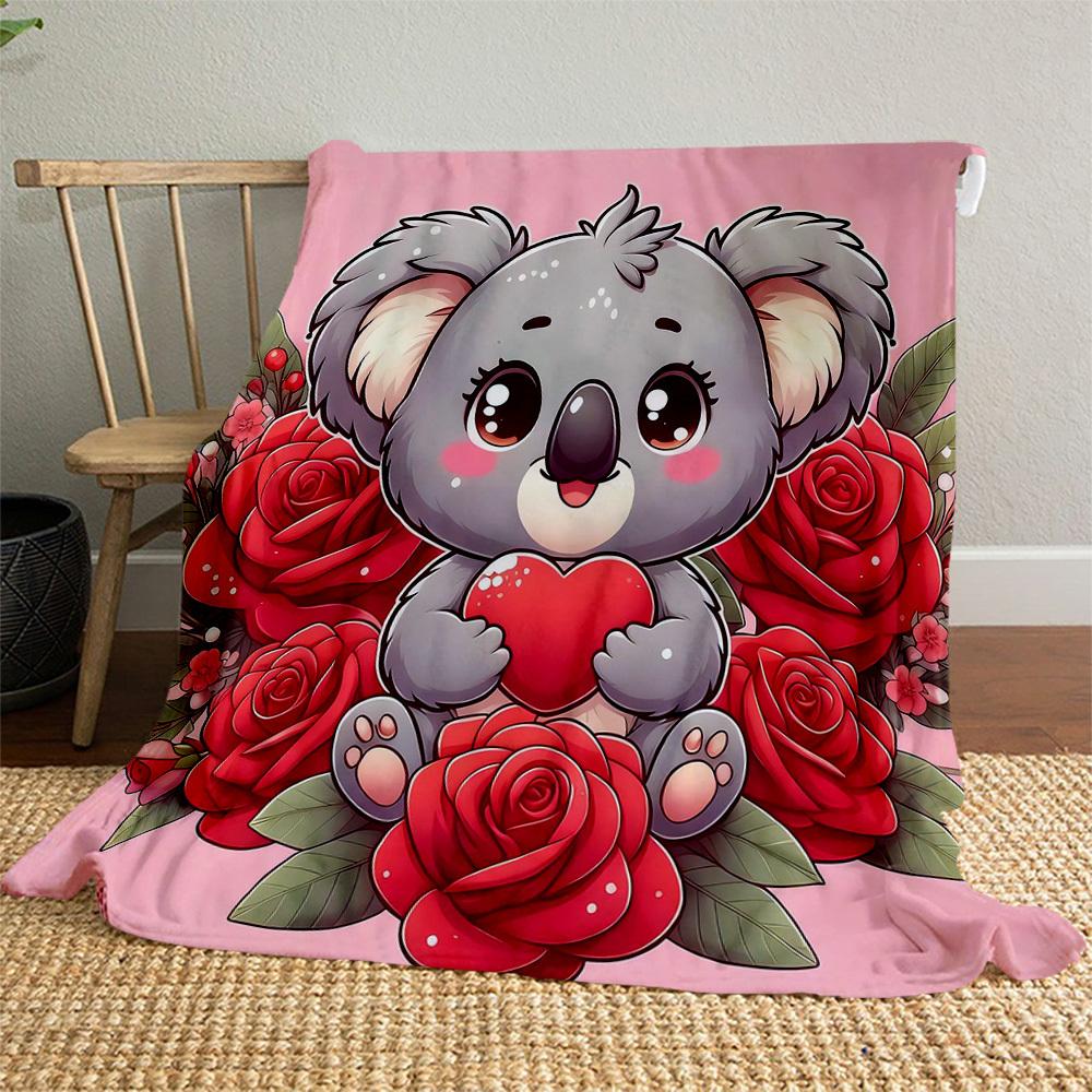 1pc Koala Heart Outdoor Flannel Blanket Soft Warm All-Season Throw for Sofa Bed Car Camping Office, Cozy Gift Idea1322S