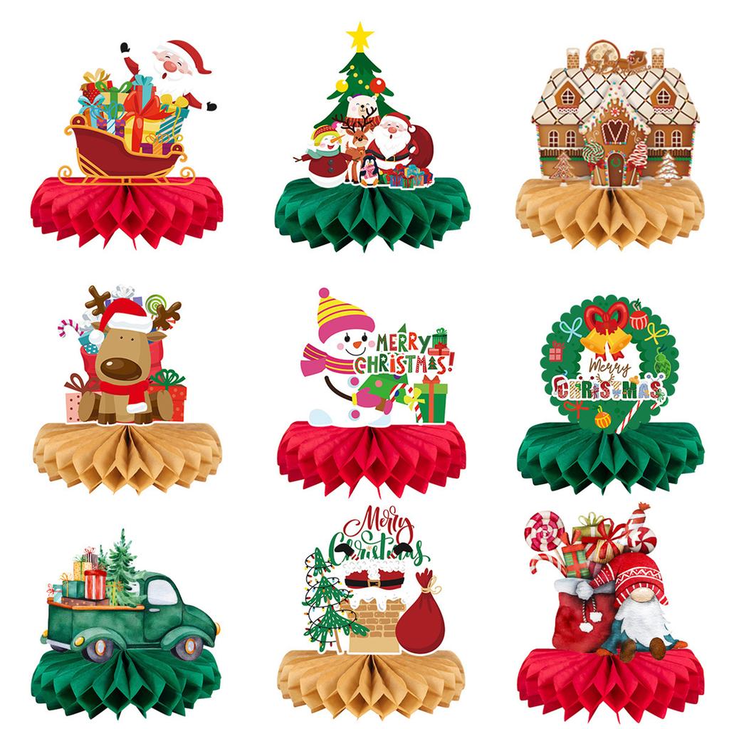 9pcs Christmas Honeycomb Centerpieces Ornaments With Santa Snowman Elk Design For Christmas Party Favors Table Decors