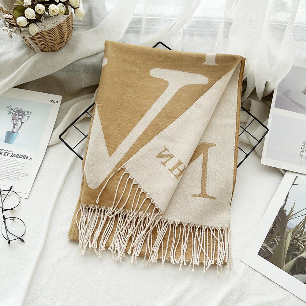 Autumn and Winter Wool Scarf Women's New Imitation Cashmere Letter V Warm Scarf Korean Style Versatile Long Tassel Shawl