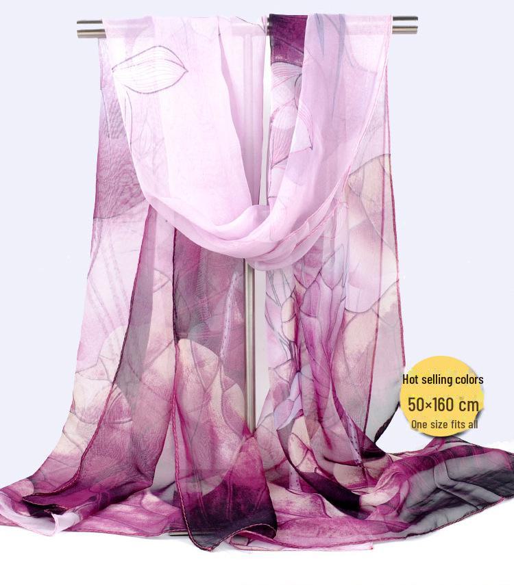 Lotus Georgette Silk Scarf: Medium-Length Printed Summer Shawl for Sun Protection and Dance, All-Match Mother Style.