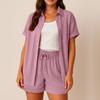 Женский повседневный и модный однотонный топ-рубашка с лацканами и короткими рукавами, комплект шорт на кулиске с высокой посадкой