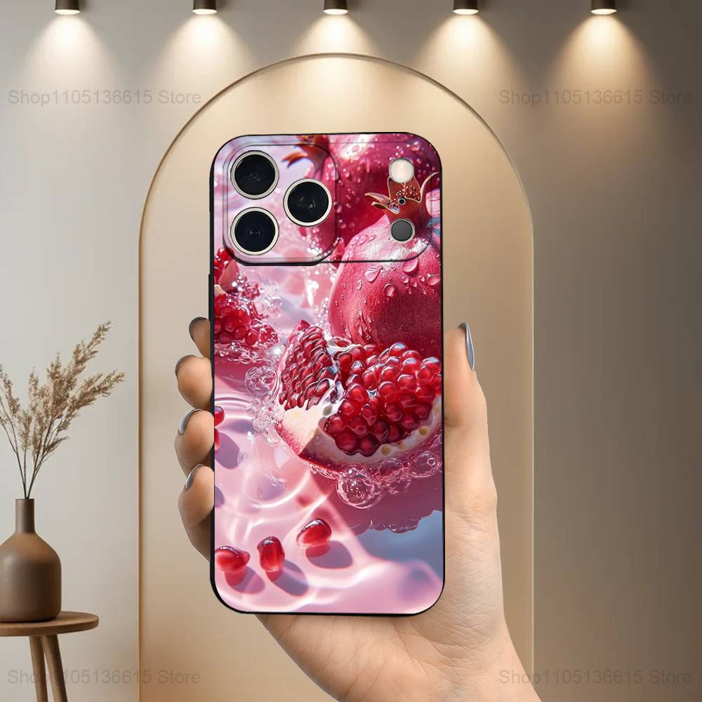 Вкусный Фруктовый Чехол Гранат Для iPhone 11,12,15,14,13,16,17,Plus,Pro Max,XS,X,XR,SE,Mini,8,7,Мягкий Силикон Черный