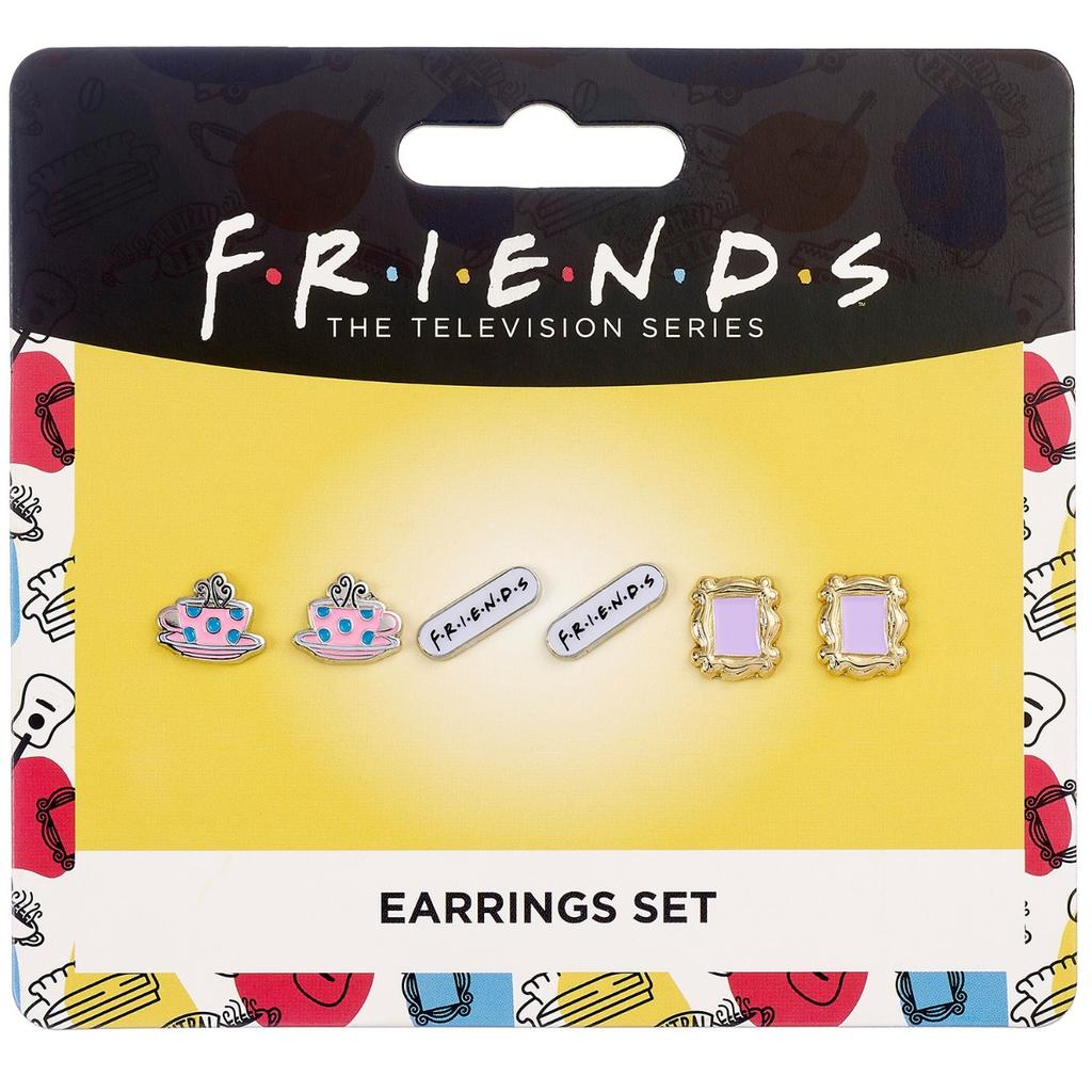 FRIENDS TV Show Set of 3 Earring Studs; Frame, Coffee Cup, & FRIENDS Logo