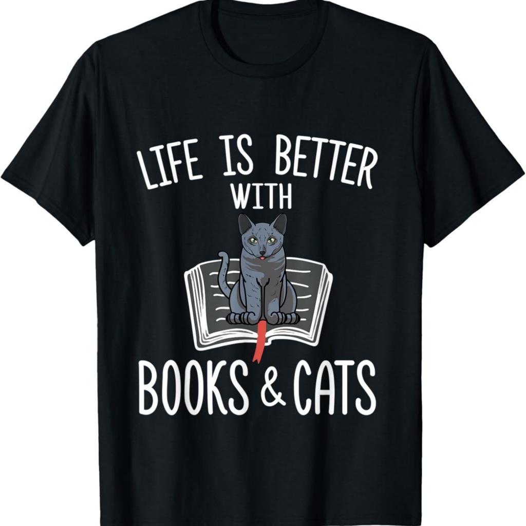 LIfe Is better With Books & Cats Funny Russian Blue Cat T-Shirt
