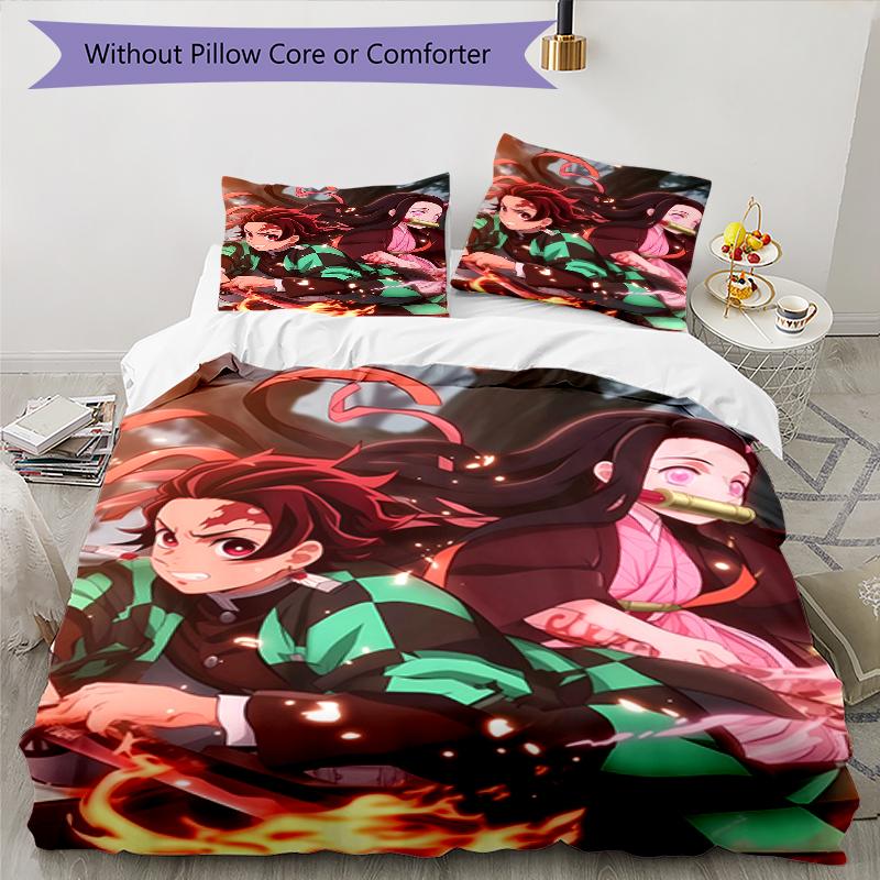 3pcs Demon Slayer pattern bedding set duvet cover set includes duvet cover &pillowcases, perfect all season bedroom decoration & gift