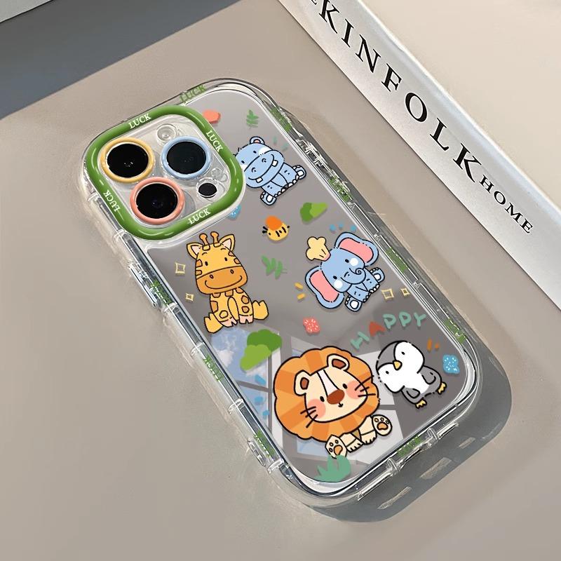 Cartoon Zoo for IPhone16promax Cream Mirror Phone Case Oil Painting for Apple15 Cartoon14