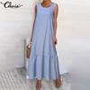 Celmia Весна-лето женская мода полосатое хлопковое платье-майка без рукавов с круглым вырезом плиссированные повседневные свободные длинные платья плюс размер Kleid
