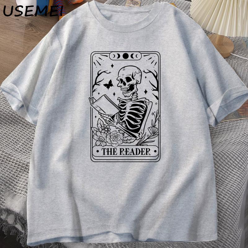 The Reader Tarot Card TShirt Skeleton Reading T Shirt Summer Cotton Book Lover Bookish Tshirt Unisex Women Unisex Oversized Tees