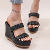 Fashion Women's Retro Thick Bottom High Heel Sandals Woven Patent Leather Wedge Sandal Female Office Ladies Non Slip Black Slides Mujer