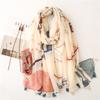 Beige Floral Silk Scarf with Tassels - Lightweight Retro Gauze with Cotton and Linen Feel for Women