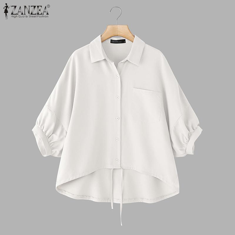 ZANZEA Women Summer Turn Down Collar Loose Asymmetrical Half Sleeve Blouse