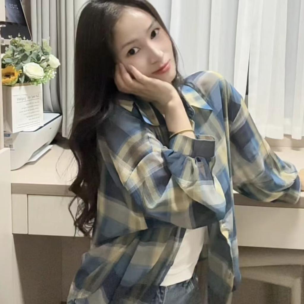 Womens Summer Checkered Shirt Breathable Long Sleeve Chiffon Blouse Lightweight Open Front Top Outerwear