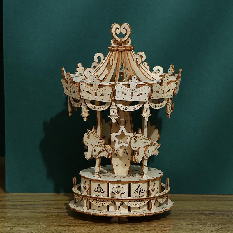 Cross-border New 3D Three-dimensional Puzzle Wooden Toys Educational Assembled Toys DIY Creative Carousel Jigsaw Puzzle