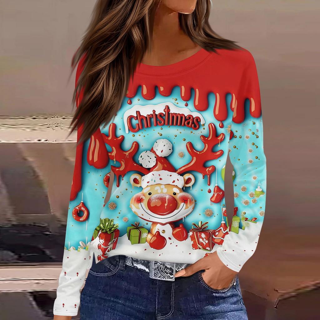 Women's Fashion Casual Slit Hem Round Neck Long Sleeve Loose Printed T-Shirt Ladies Top