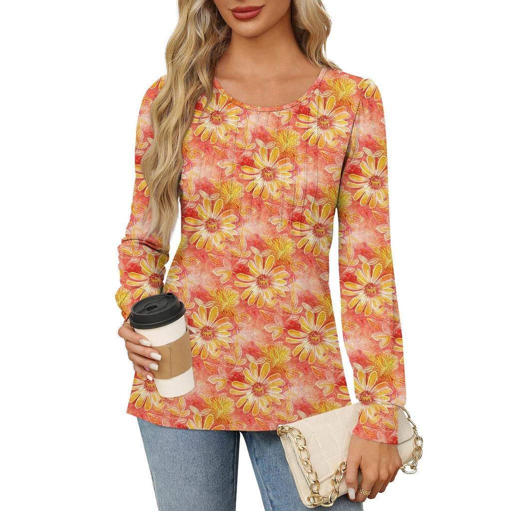 Рубашки с длинным рукавом для женщин, футболки с милым принтом и графикой, блузки, нарядные повседневные блузки, плиссированные топы-туники с овальным вырезом