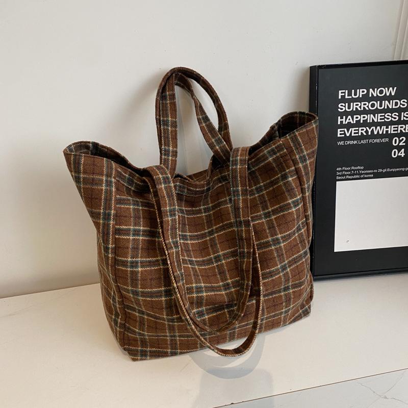 Осенне-зимняя ретро повседневная клетчатая холщовая сумка модная и простая женская сумка через плечо повседневная портативная сумка-тоут большой вместимости для поездок на работу