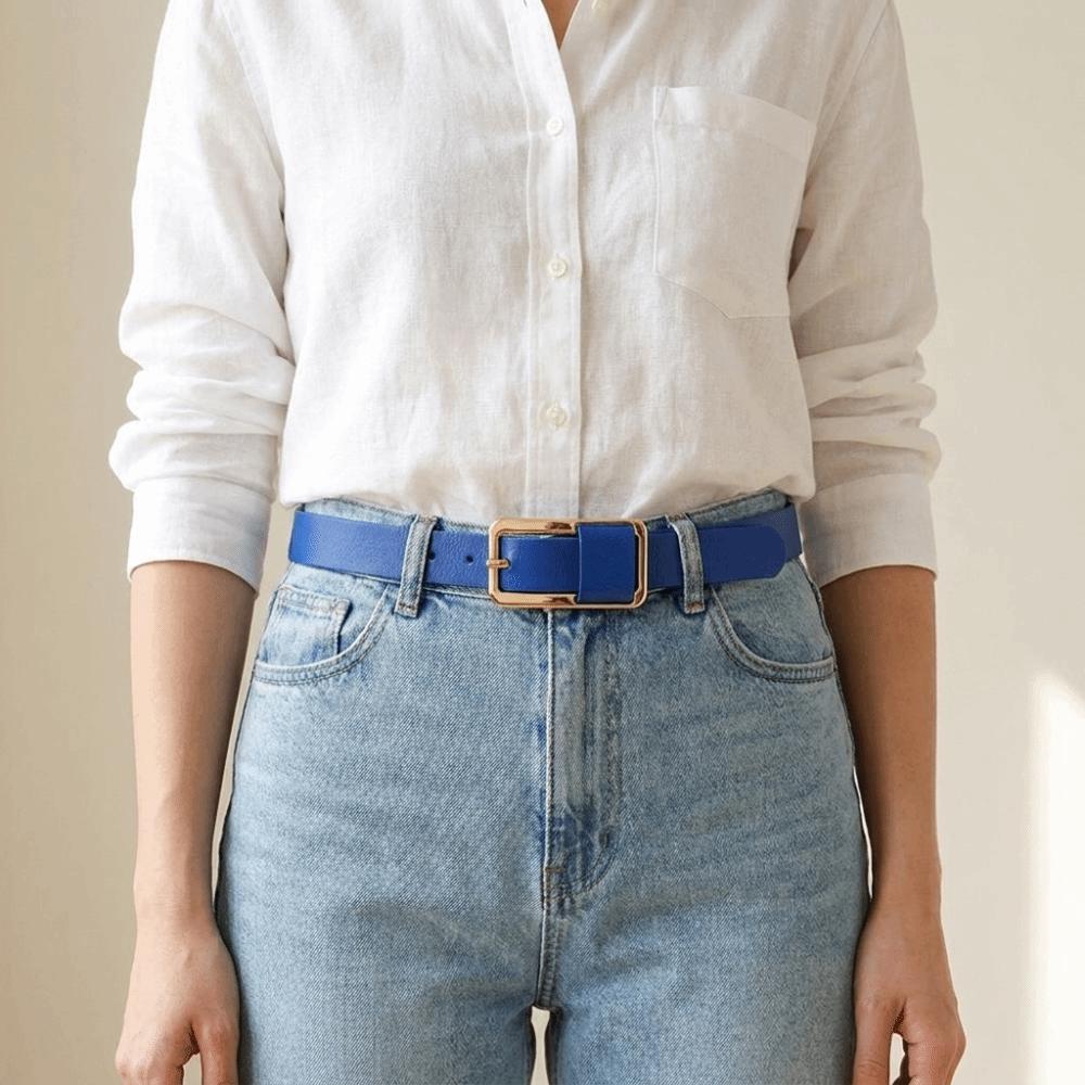 Metal Buckle Genuine Leather Belt Solid Color Women Waistband Adjustable Thin Waist Belt Students