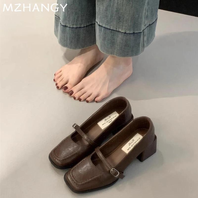 Туфли Мэри Джейн на среднем каблуке, модные туфли с квадратным носком, женские туфли с массивным каблуком, тренд 2024 года, зимние туфли-лодочки, новые женские туфли Zapatillas