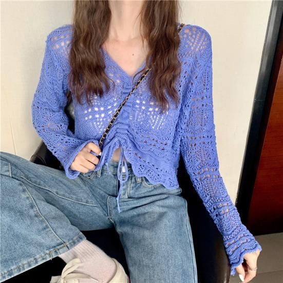 Women Cover Up Tops V-Neck Drawstring Design Long Sleeve Pullover Tops Solid Color Loose Fit Hollow Design Sunscreen Cover Up