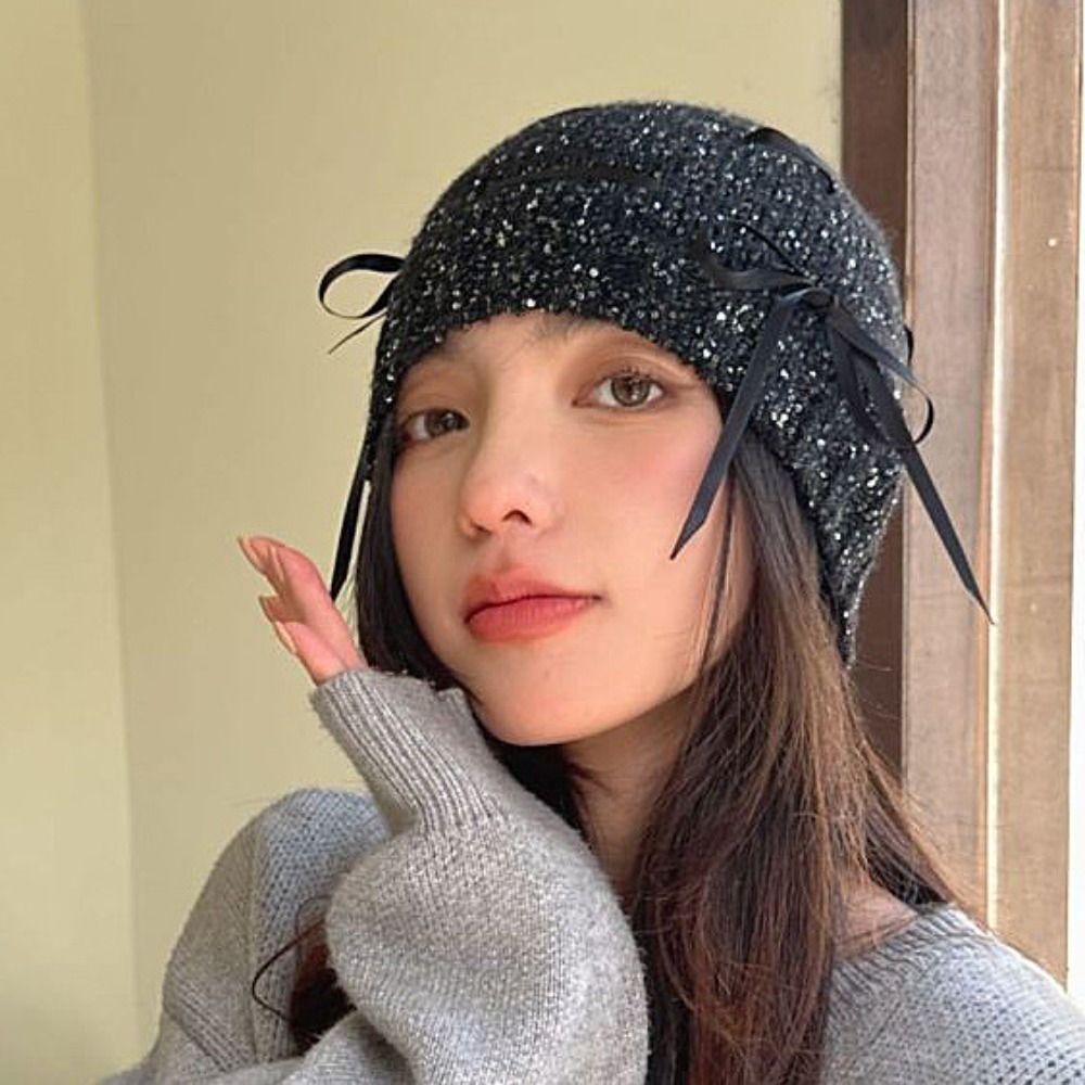 Warm Cap Sequin Knitted Hat Bow Knit Cap Casual Bowknot Beanies Hat  Autumn