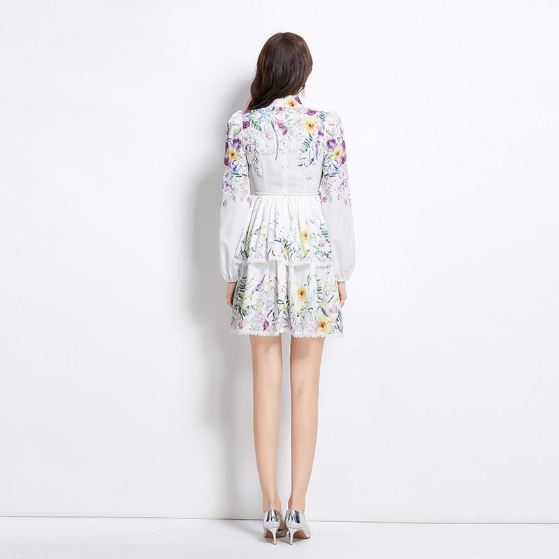 Лето Осень Женские Цветочный Принт Однобортный Кружевной Подол Мини Короткие Платья Для Свадебной Вечеринки с Поясом