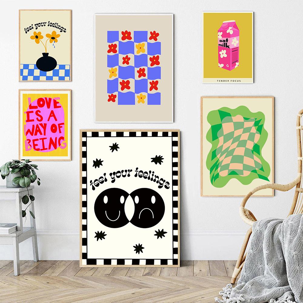 Flower Poster Wall Art Home Decor Funky Black White Smiley Modern Colorful Canvas Painting Living Room Maximalist Boho Picture