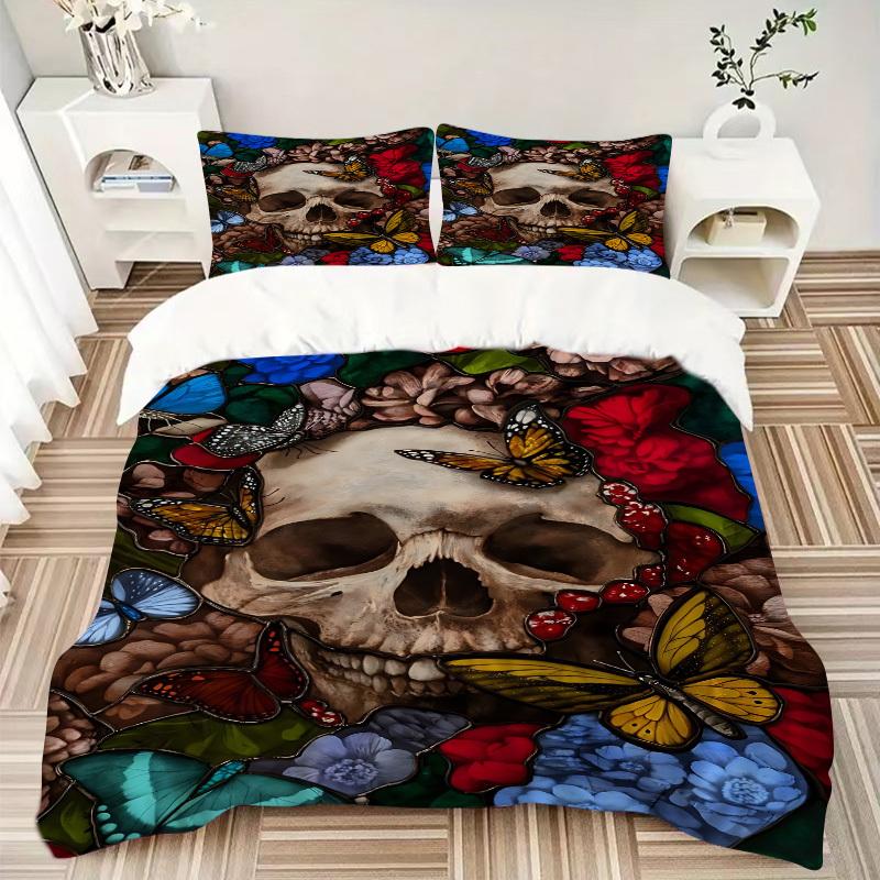 3pcs Stained Glass Skull Duvet Cover Set, Cover For Bedroom Guest Room (1 Duvet Cover + 2 Pillowcase, Without Quilt), yy250922113