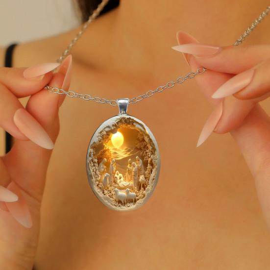 Камея Ожерелье с Иисусом Резной Дизайн Винтажное Ожерелье со Сценой Рождества Религиозные Украшения для Женщин Мужчин