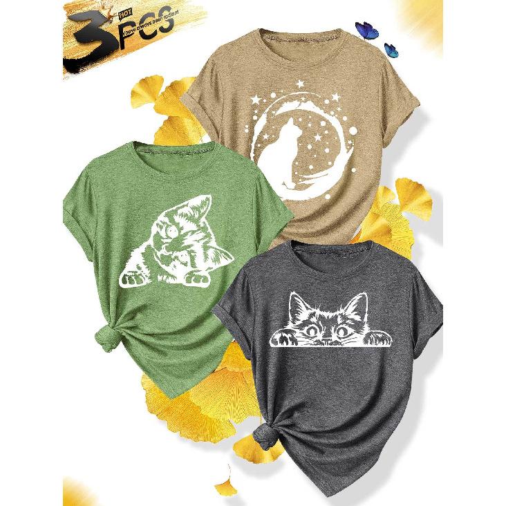 3 Simple and elegant women's party attire Cat Silhouette Series Round Neck Casual Sporty Fresh Elegant Plus Size Women's Short Sleeve T Fashionable
