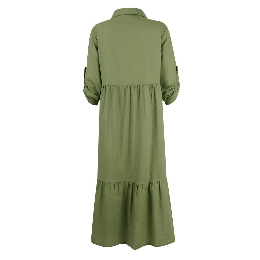 Женская мода в стиле ретро, ​​однотонная хлопковая и льняная длинная классическая рубашка с воротником и пуговицами, повседневная юбка