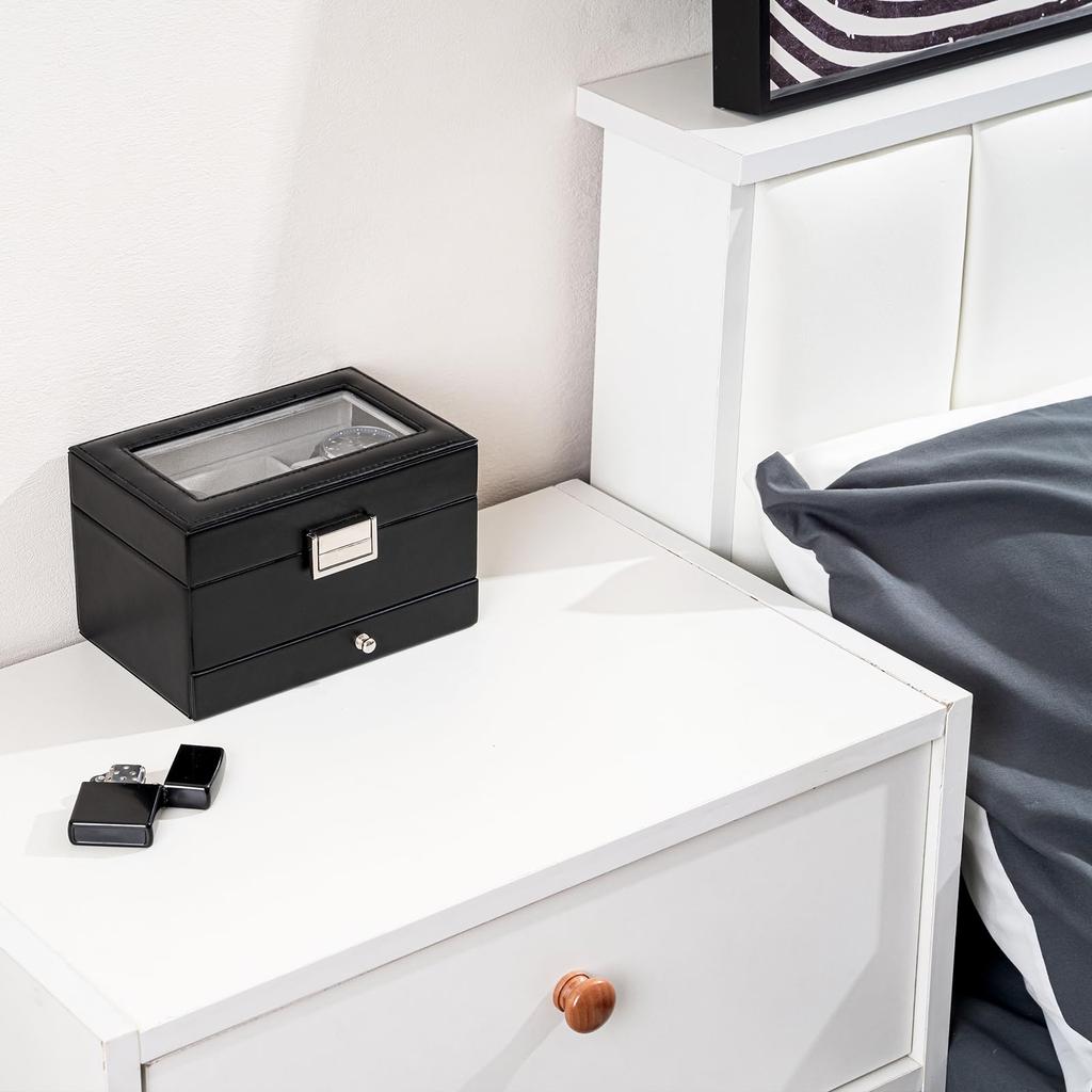 ProCase Мужская коробка для часов, 3-слотовый кейс для демонстрации часов с выдвижным ящиком, Мужской футляр для часов со стеклянной крышкой, 2-ярусный органайзер для хранения ювелирных изделий