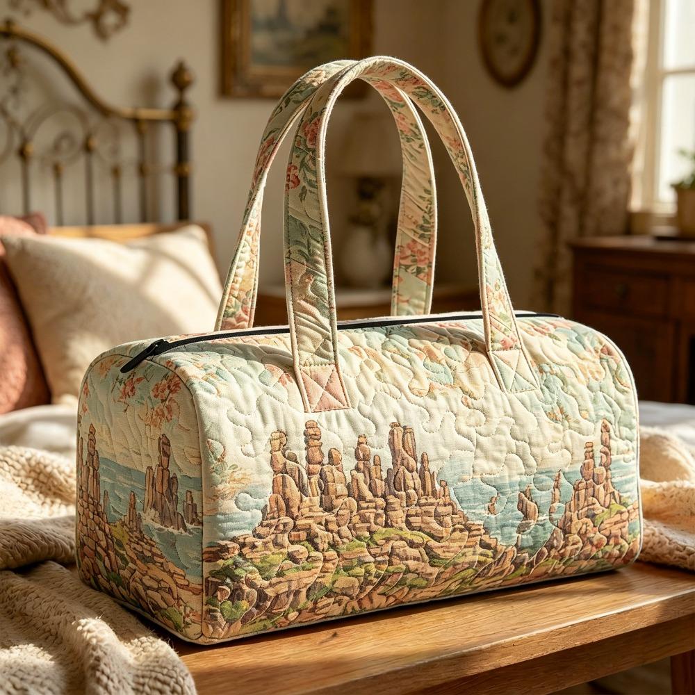 Quilted Travel Handbag Vintage Pastel Coastal Rock Formation Weekend Bag Bohemian 3D Quilted Leisure Travel Fitness Bag with Retro Tapestry-style